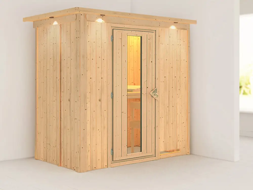 Betaalbaar Systeemsauna Variado met dakkraag, houten deur met geïsoleerd glas
