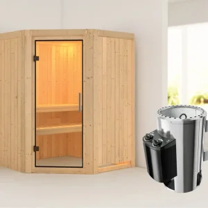 Systeemsauna Nanja transparent glazen deur + Plug & Play saunakachel met besturing Premium