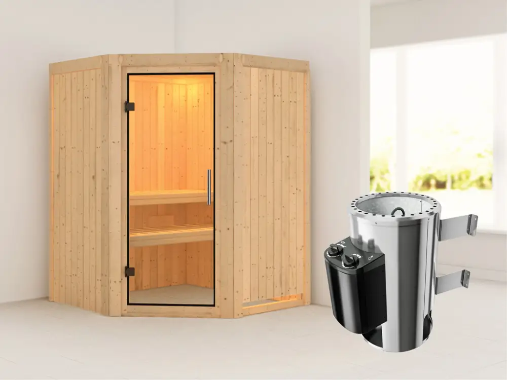 Systeemsauna Nanja transparent glazen deur + Plug & Play saunakachel met besturing Premium