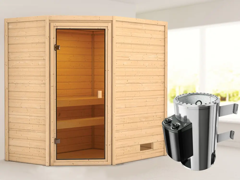 Sauna Jella met gebronsde glazen deur + 3,6 kW Plug & Play saunakachel int. besturing Rechtstreeks Van De Fabrikant