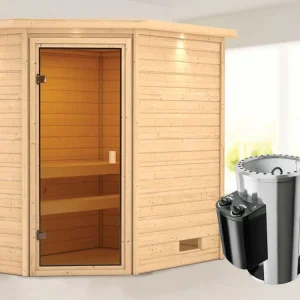 Sauna Jella met gebronsde glazen deur en dakkraag + 3,6 kW Plug & Play saunakachel int. besturing Must-Have