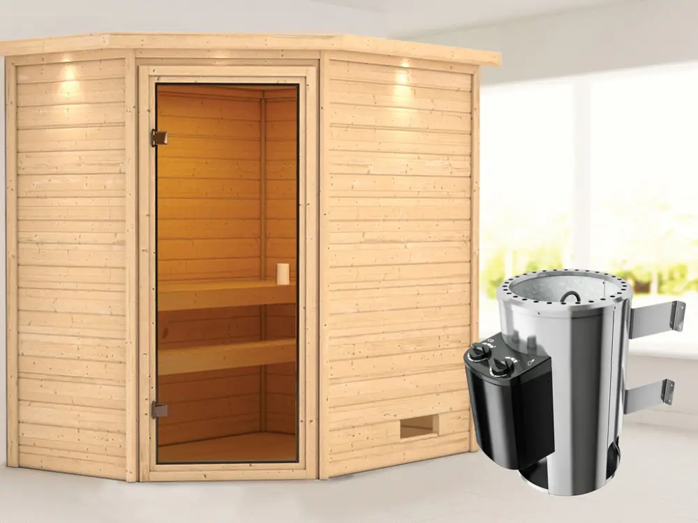 Sauna Jella met gebronsde glazen deur en dakkraag + 3,6 kW Plug & Play saunakachel int. besturing Must-Have