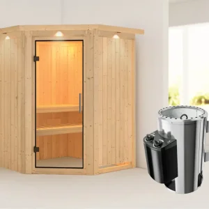 Systeemsauna Nanja met dakkraag, transparent glazen deur + Plug & Play saunakachel met besturing Meest Verkocht