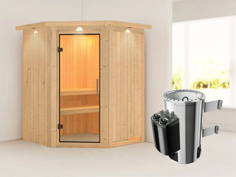 Systeemsauna Nanja met dakkraag, transparent glazen deur + Plug & Play saunakachel met besturing Meest Verkocht