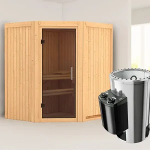 Korting Systeemsauna Tonja grafiet glazen deur + Plug & Play saunakachel met besturing