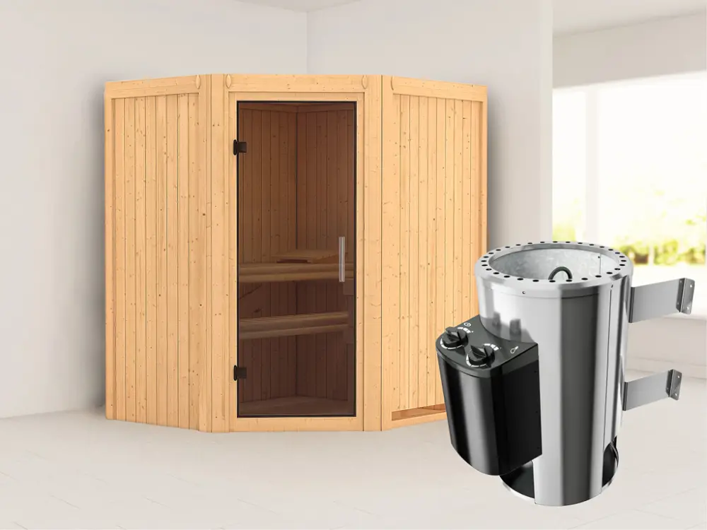 Korting Systeemsauna Tonja grafiet glazen deur + Plug & Play saunakachel met besturing