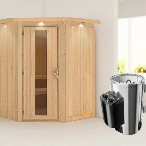Populair Systeemsauna Nanja met dakkraag, energiebesparende deur + Plug & Play saunakachel met besturing