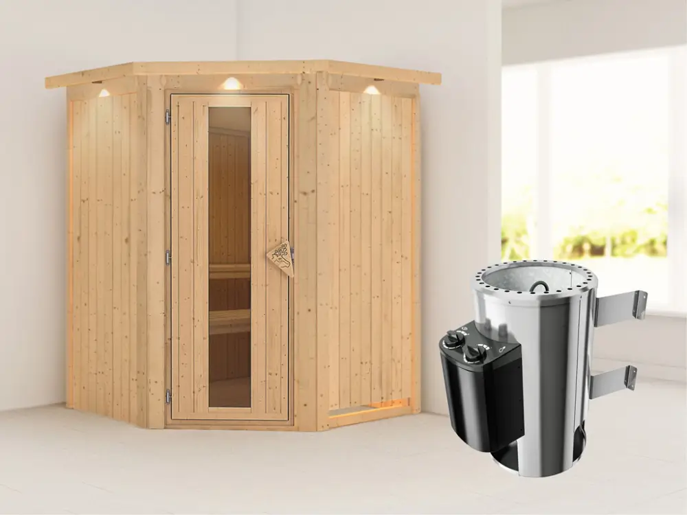 Populair Systeemsauna Nanja met dakkraag, energiebesparende deur + Plug & Play saunakachel met besturing