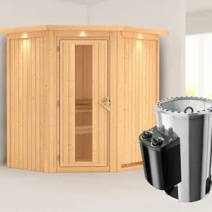 Voordeelprijs Systeemsauna Tonja met dakkraag, energiebesparende deur + Plug & Play saunakachel met besturing