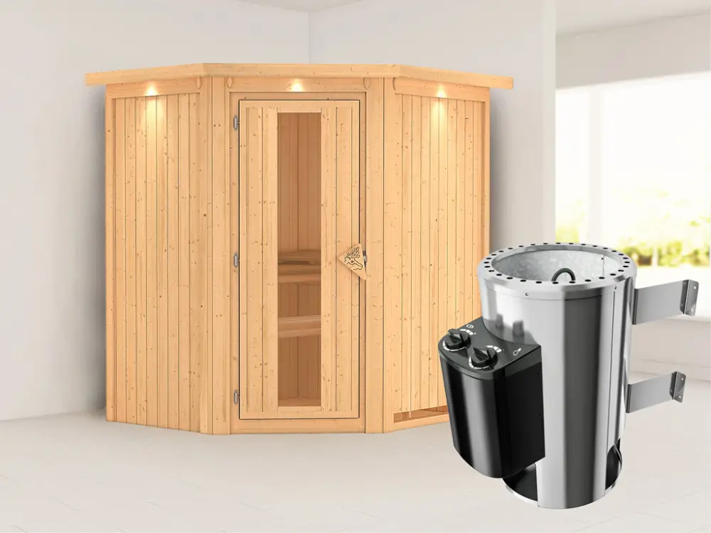 Voordeelprijs Systeemsauna Tonja met dakkraag, energiebesparende deur + Plug & Play saunakachel met besturing