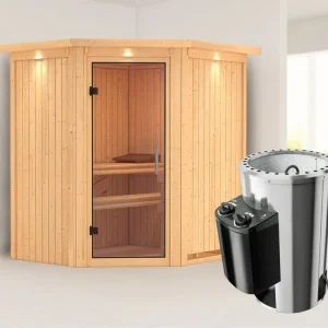 Systeemsauna Tonja met dakkraag, transparent glazen deur + Plug & Play saunakachel met besturing Finale Uitverkoop