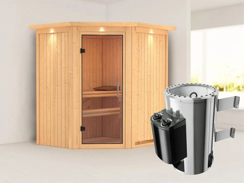 Systeemsauna Tonja met dakkraag, transparent glazen deur + Plug & Play saunakachel met besturing Finale Uitverkoop