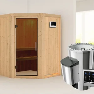 Actieprijs Systeemsauna Nanja grafiet glazen deur + Plug & Play saunakachel met ext. besturing