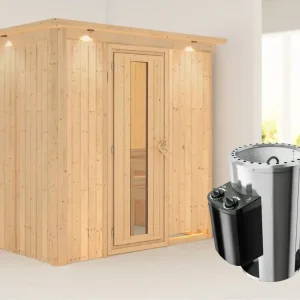 Systeemsauna Fanja met dakkraag, energiebesparende deur + Plug & Play saunakachel met besturing Bestseller
