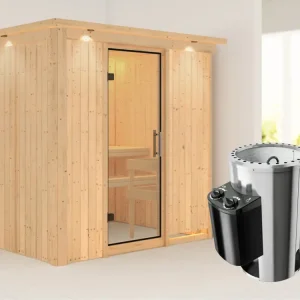 Populair Systeemsauna Fanja met dakkraag, transparent glazen deur + Plug & Play saunakachel met besturing