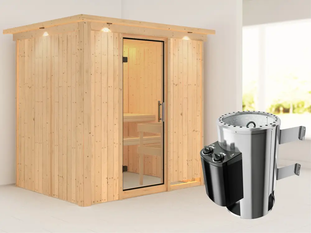Populair Systeemsauna Fanja met dakkraag, transparent glazen deur + Plug & Play saunakachel met besturing