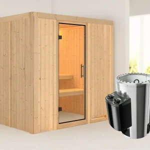 Lage Prijs Systeemsauna Daria transparent glazen deur + Plug & Play saunakachel met besturing