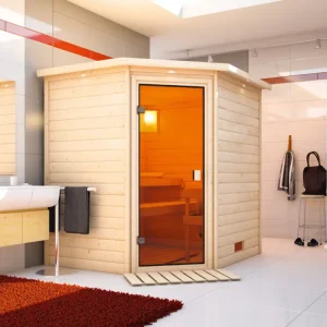 Massieve sauna Mia met dakkraag, kompleet transparente gebronsde glazen deur Laatste Versie
