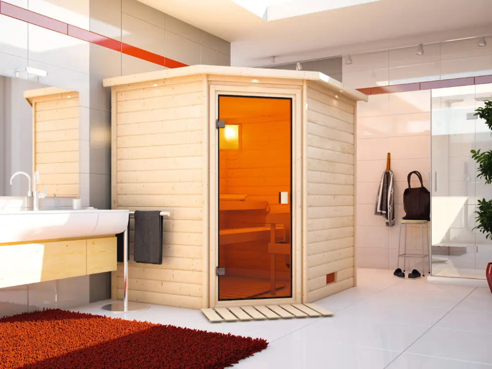 Massieve sauna Mia met dakkraag, kompleet transparente gebronsde glazen deur Laatste Versie