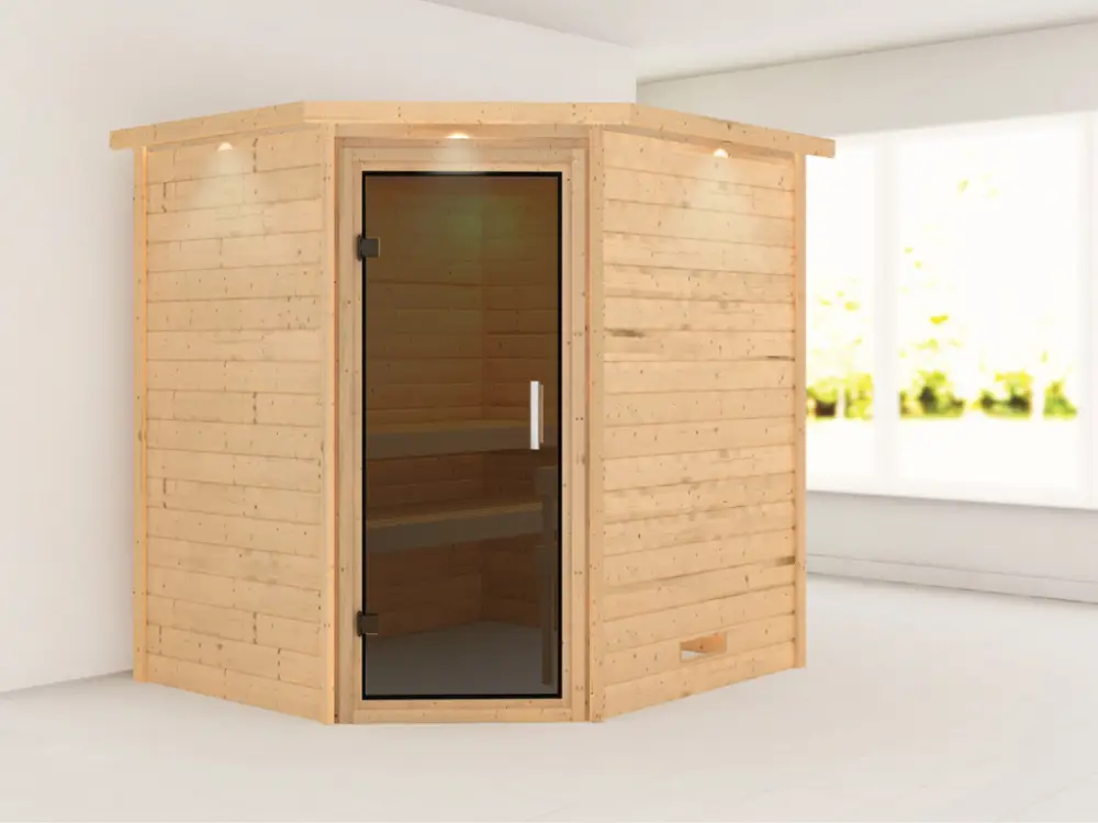Direct Beschikbaar Massieve sauna Mia met dakkraag, grafiet glazen deur