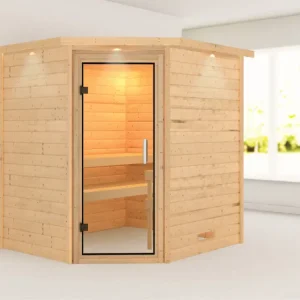 Massieve sauna Mia met dakkraag, transparent glazen deur Populair