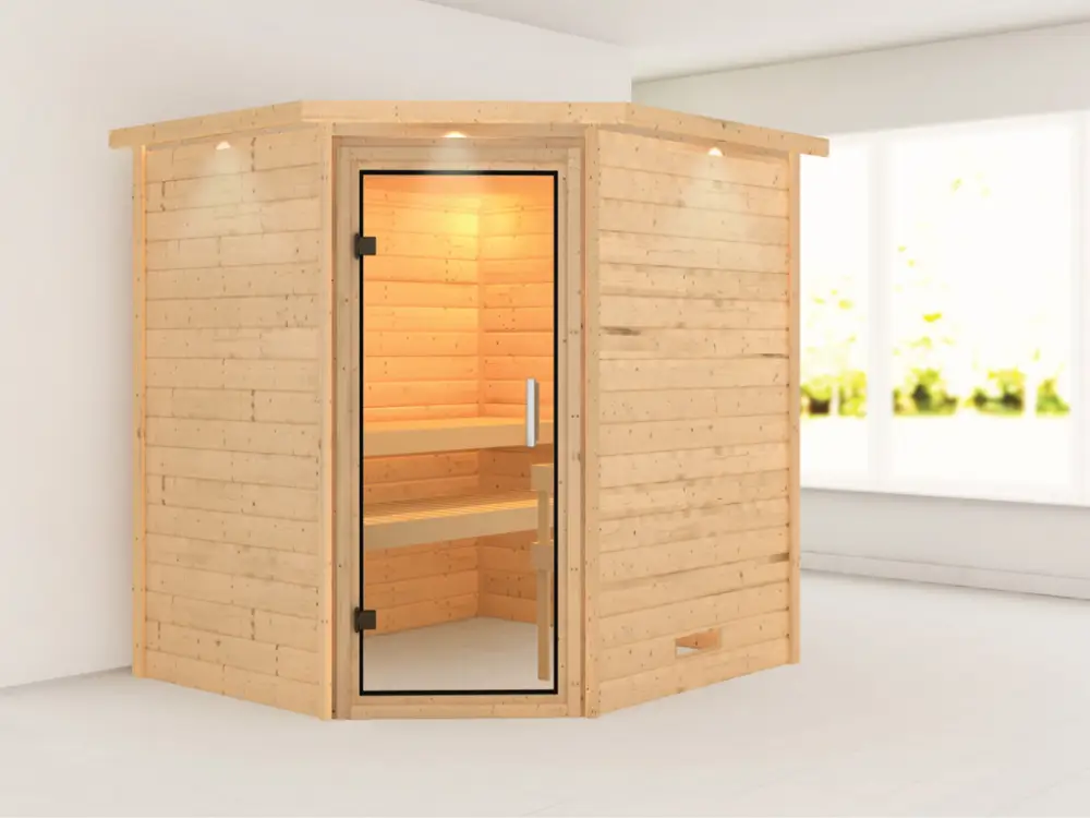 Massieve sauna Mia met dakkraag, transparent glazen deur Populair