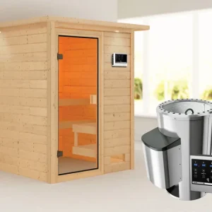 Sauna Sandra met gebronsde glazen deur en dakkraag + 3,6 kW Plug & Play saunakachel ext. besturing Op = Op