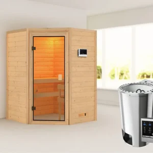 Exclusieve Aanbieding Sauna Antonia met gebronsde glazen deur + 3,6 kW Plug & Play Bio-kachel ext. besturing