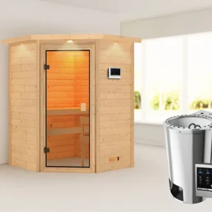 Lage Prijs Sauna Antonia met gebronsde glazen deur en dakkraag + 3,6 kW Plug & Play Bio-kachel ext. besturing