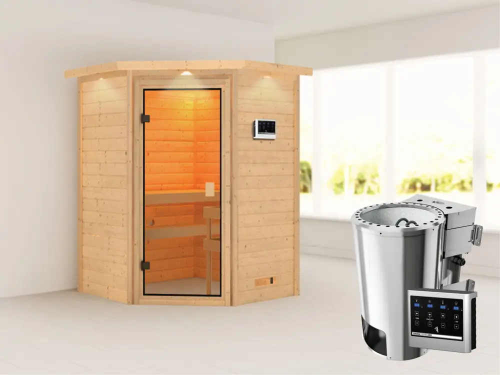 Lage Prijs Sauna Antonia met gebronsde glazen deur en dakkraag + 3,6 kW Plug & Play Bio-kachel ext. besturing