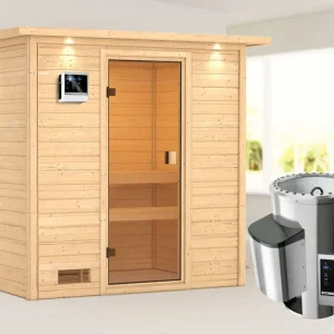 Flitsaanbieding Sauna Selena met gebronsde glazen deur en dakkraag + 3,6 kW Plug & Play saunakachel ext. besturing
