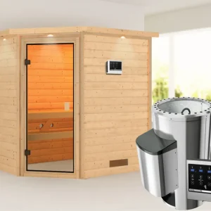 Sauna Jella met gebronsde glazen deur en dakkraag + 3,6 kW Plug & Play saunakachel ext. besturing Nu Kopen