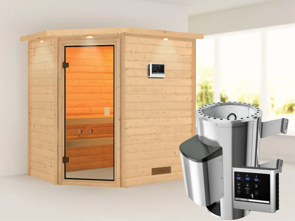 Sauna Jella met gebronsde glazen deur en dakkraag + 3,6 kW Plug & Play saunakachel ext. besturing Nu Kopen