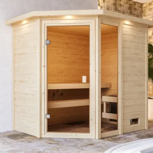 Sauna Jada met gebronsde glazen deur en dakkraag + 9 kW saunakachel int. besturing Bestseller
