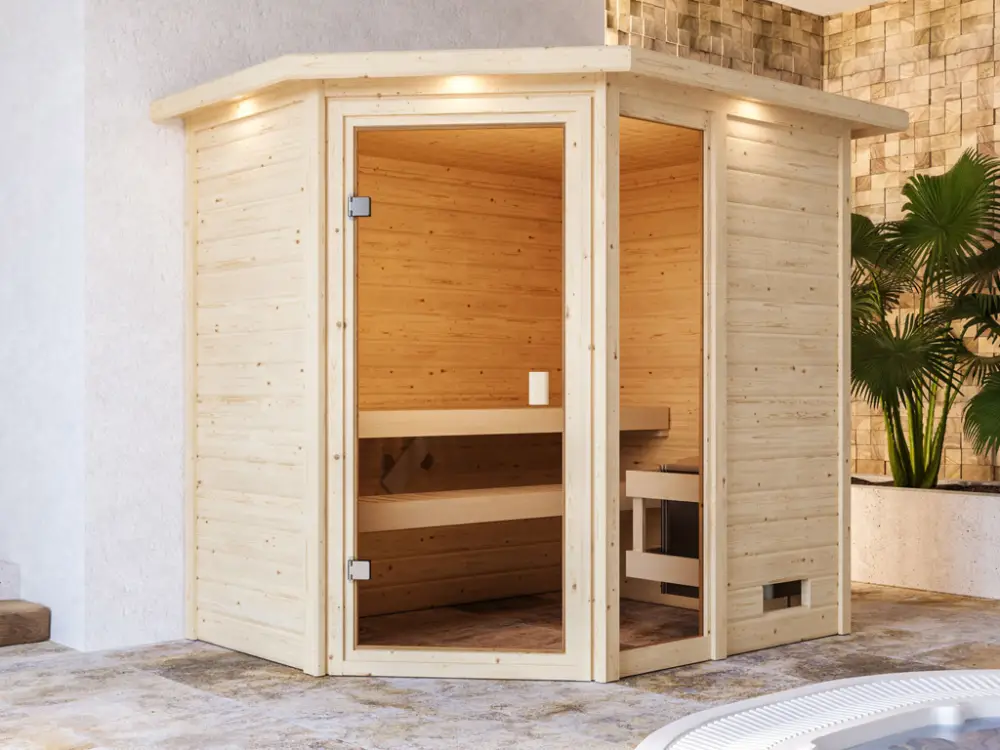 Sauna Jada met gebronsde glazen deur en dakkraag + 9 kW saunakachel int. besturing Bestseller