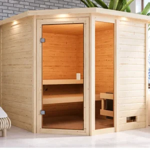 Sauna Tabea met gebronsde glazen deur en dakkraag Gratis Retour