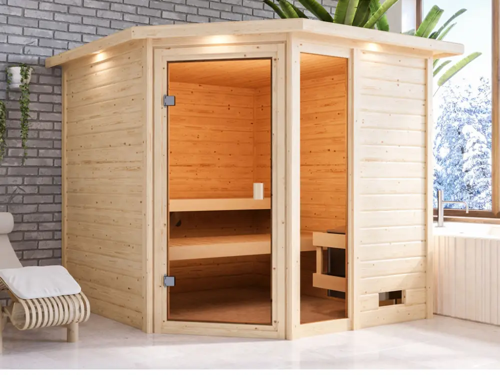 Sauna Tabea met gebronsde glazen deur en dakkraag Gratis Retour
