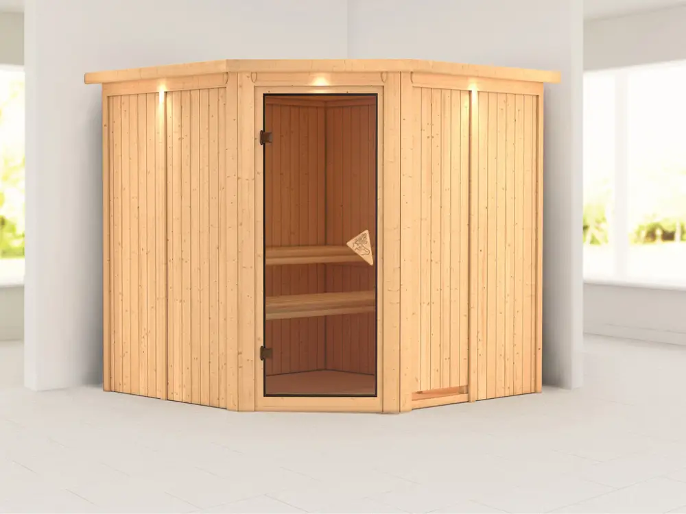 Bestseller Systeemsauna Jarin met dakkraag, kompleet transparente gebronsde glazen deur