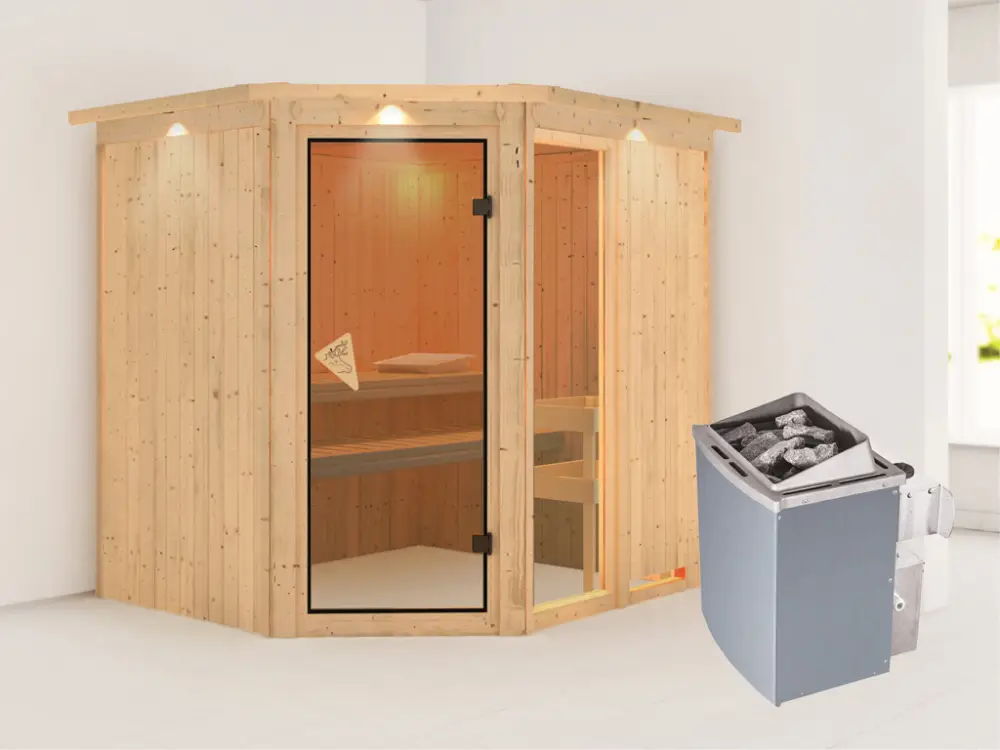 Superprijs Systeemsauna Fiona 2 met dakkraag, incl. 9 kW saunakachel int. besturing