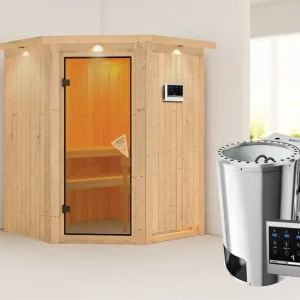 Systeemsauna Nanja met dakkraag, incl. Plug & Play Bio-kachel externe besturing Superprijs