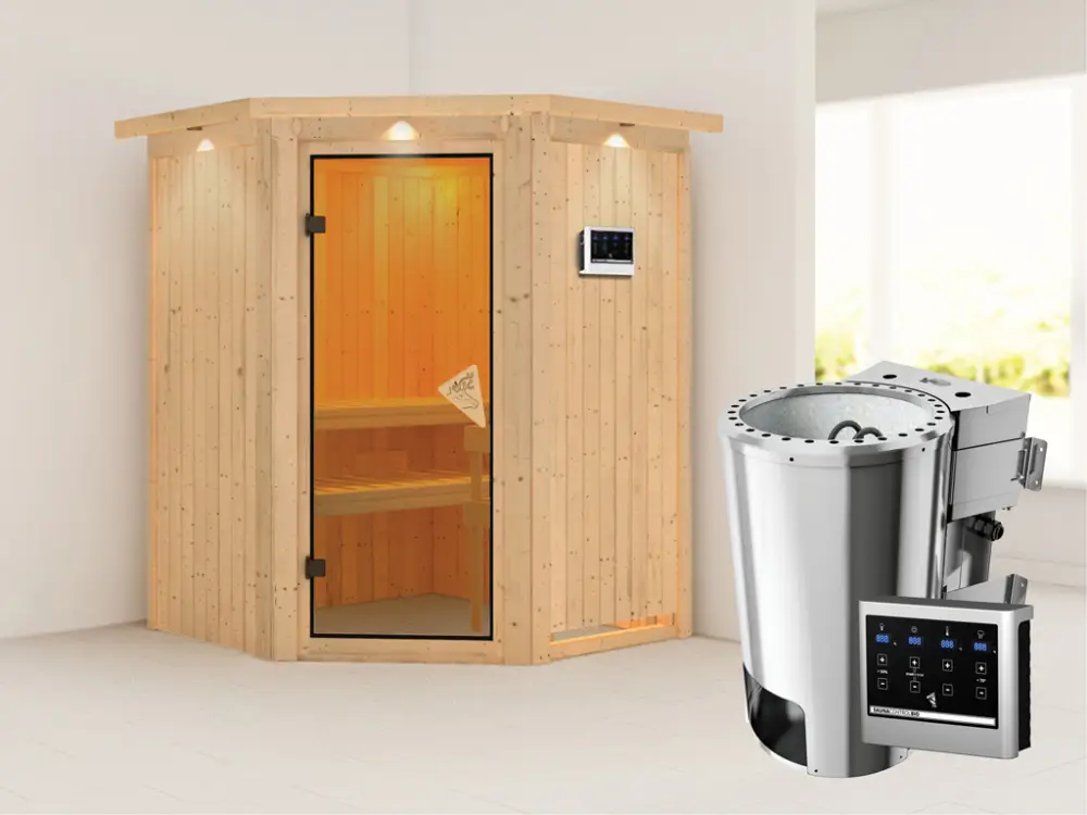 Systeemsauna Nanja met dakkraag, incl. Plug & Play Bio-kachel externe besturing Superprijs