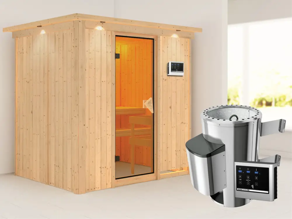 Direct Verzonden Systeemsauna Fanja met dakkraag, incl. Plug & Play saunakachel externe besturing