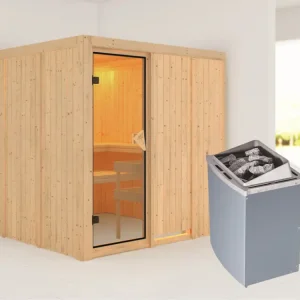 Laatste Versie Systeemsauna Rodin kompleet transparente gebronsde glazen deur, incl. 9kW saunakachel int. besturing