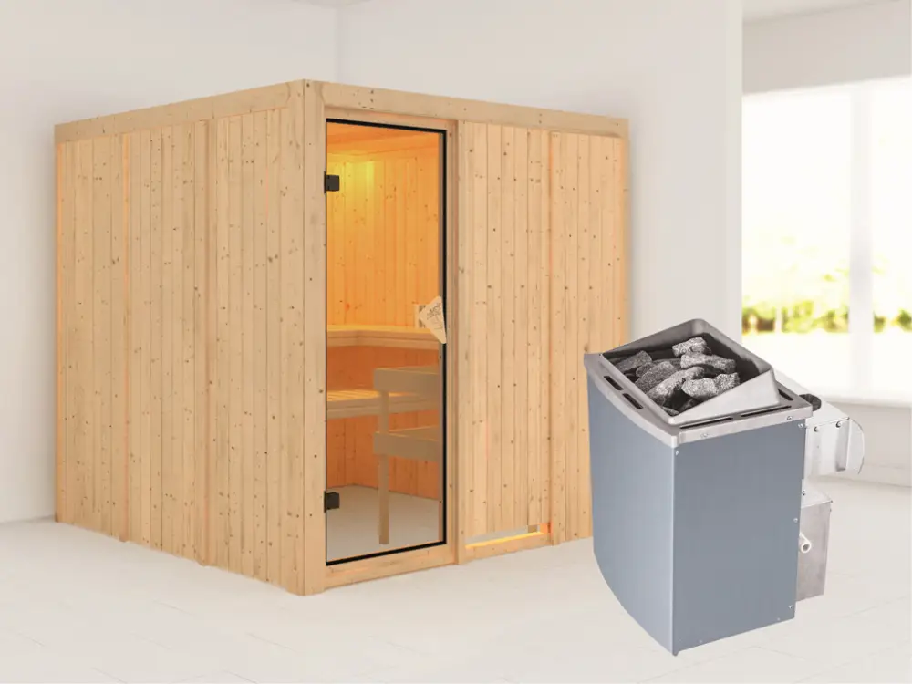 Laatste Versie Systeemsauna Rodin kompleet transparente gebronsde glazen deur, incl. 9kW saunakachel int. besturing