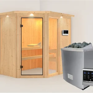 Finale Uitverkoop Systeemsauna Fiona 1 met dakkraag, incl. 9 kW saunakachel ext. besturing