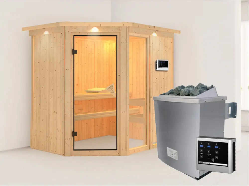 Finale Uitverkoop Systeemsauna Fiona 1 met dakkraag, incl. 9 kW saunakachel ext. besturing