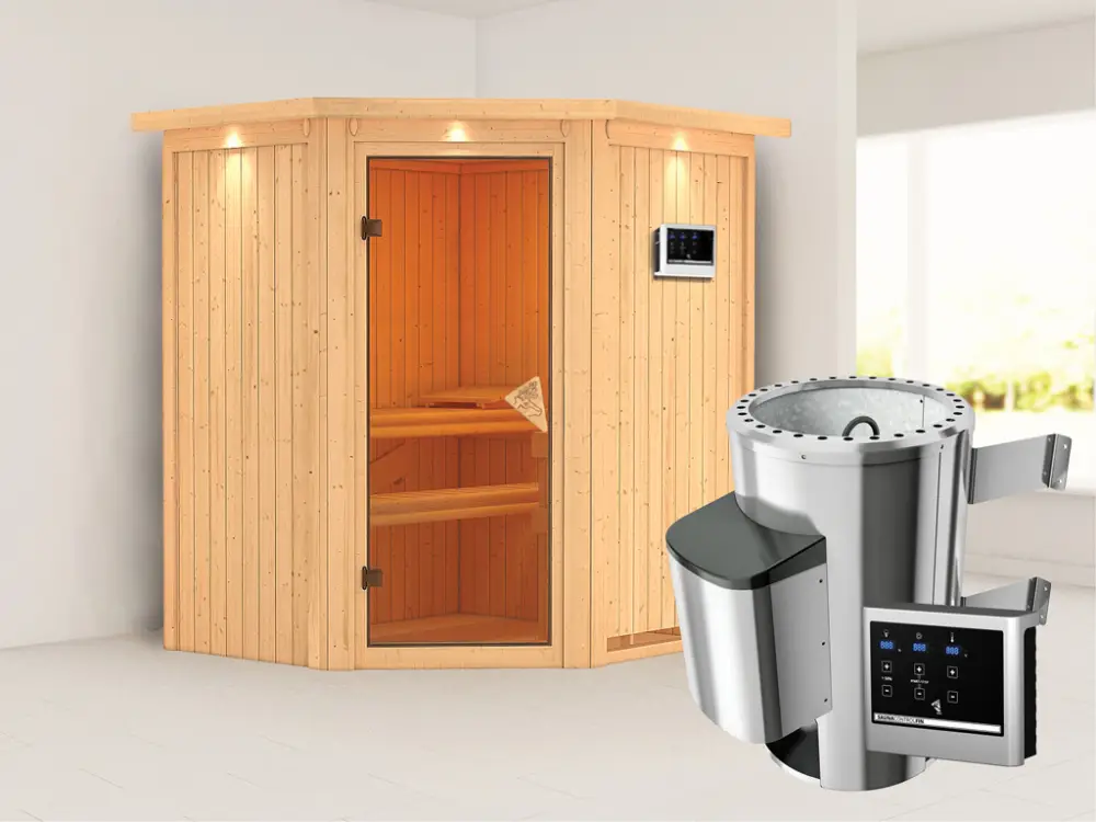 Systeemsauna Tonja met dakkraag, incl. Plug & Play saunakachel externe besturing Fabrieksprijs