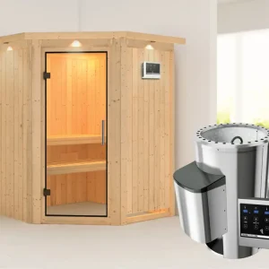Shop Nu Systeemsauna Nanja met dakkraag, transparent glazen deur + Plug&Play saunakachel met ext. besturing