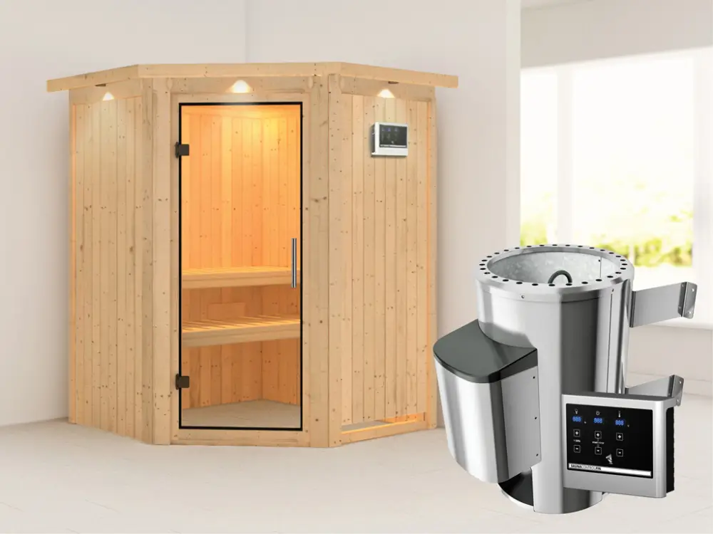 Shop Nu Systeemsauna Nanja met dakkraag, transparent glazen deur + Plug&Play saunakachel met ext. besturing