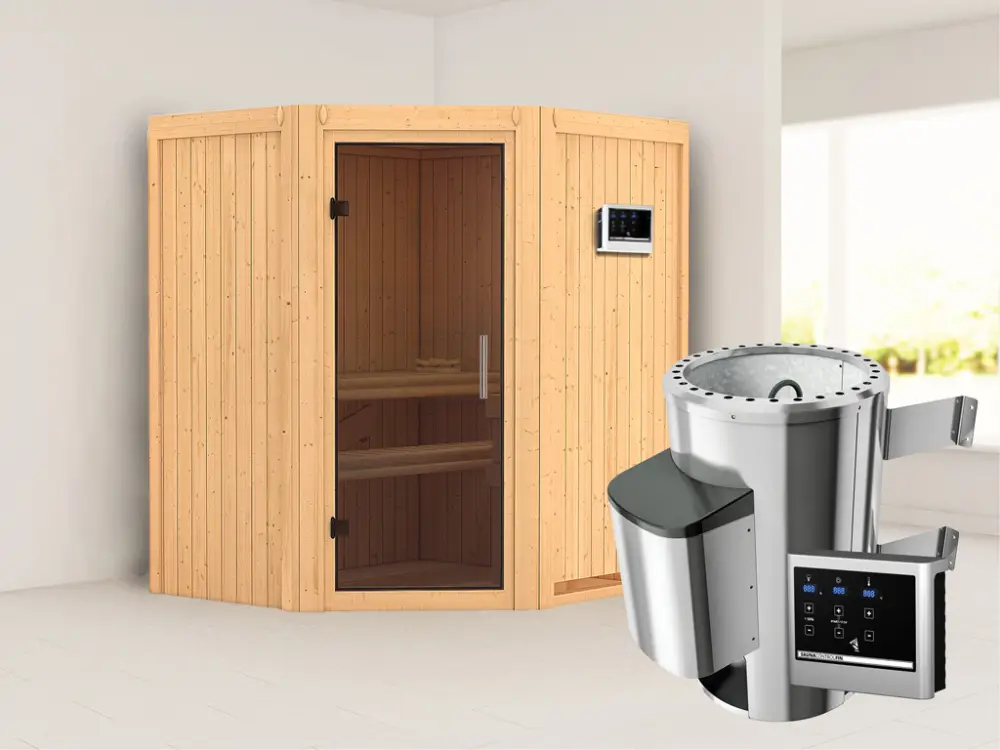 Systeemsauna Tonja grafiet glazen deur + Plug & Play saunakachel met ext. besturing Seizoensaanbieding